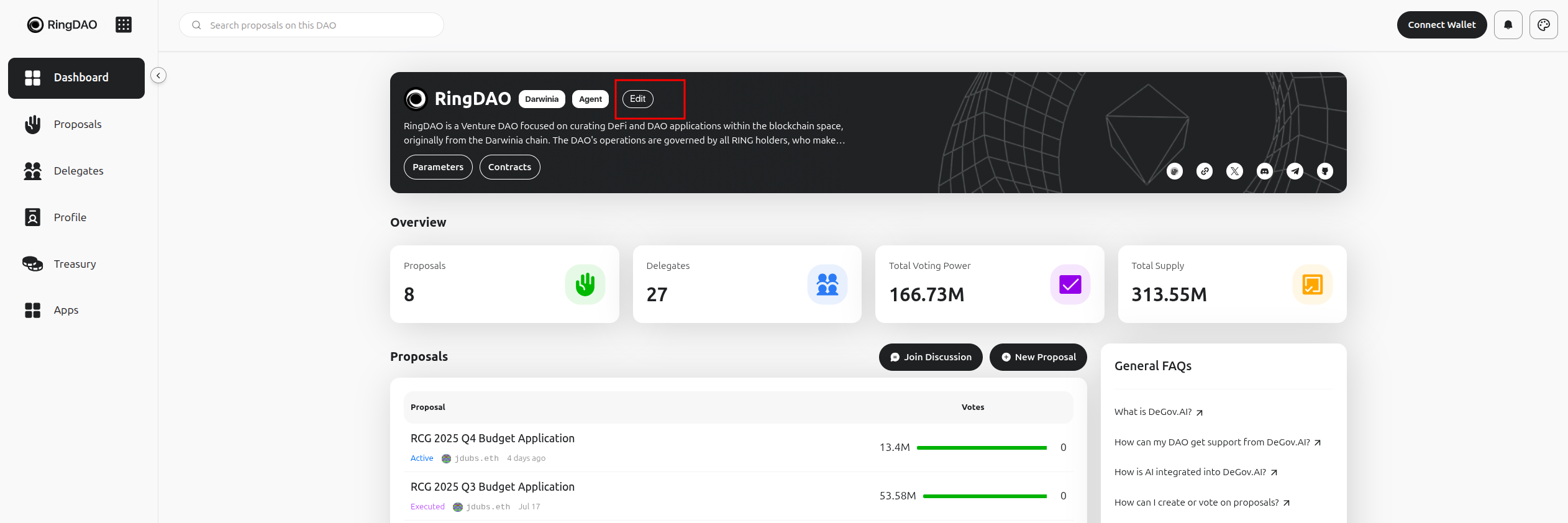 DAO configuration link on dashboard